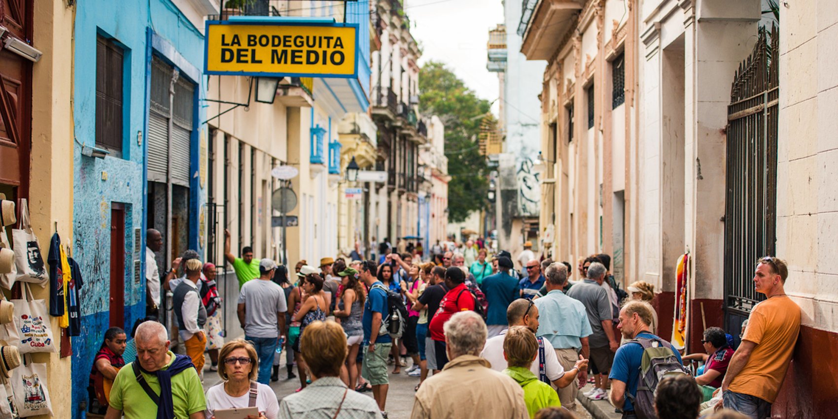 A street full of people walking in Old Havana, Cuba