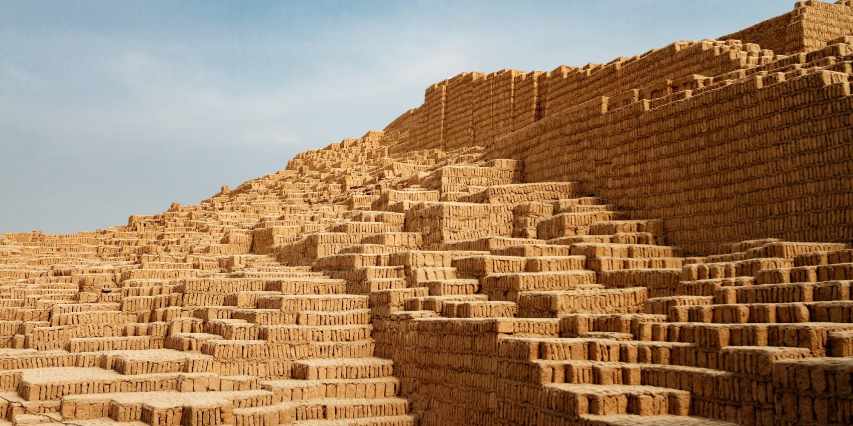 A view of the mud-brick pyramid of Huaca Pucllana in Lima, Peru.