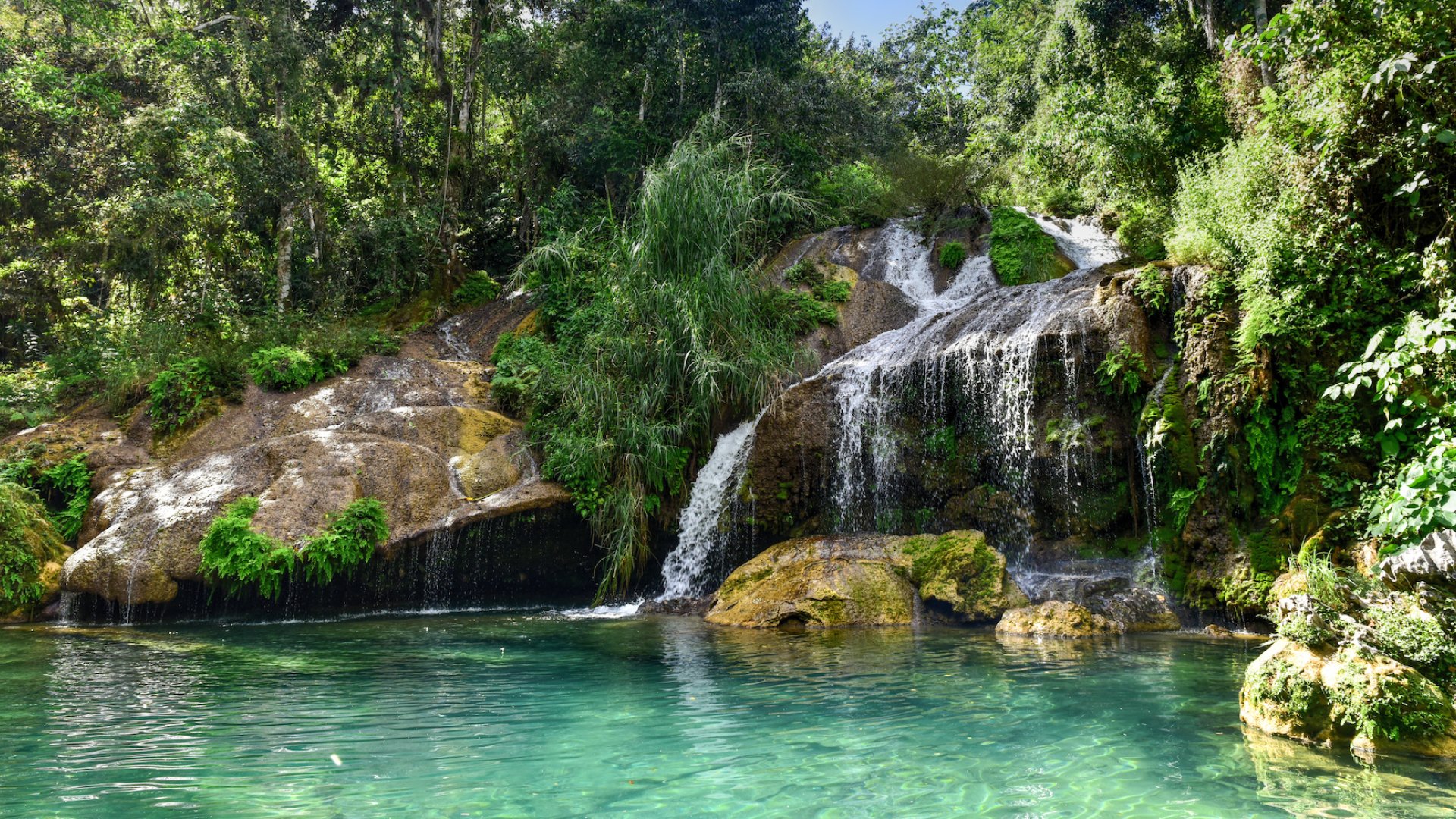 Small waterfall going into a turquoise pool in a lush forest in Cuba