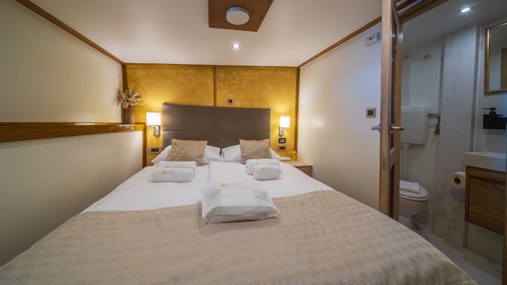 A cabin and bathroom on Croatian yacht.