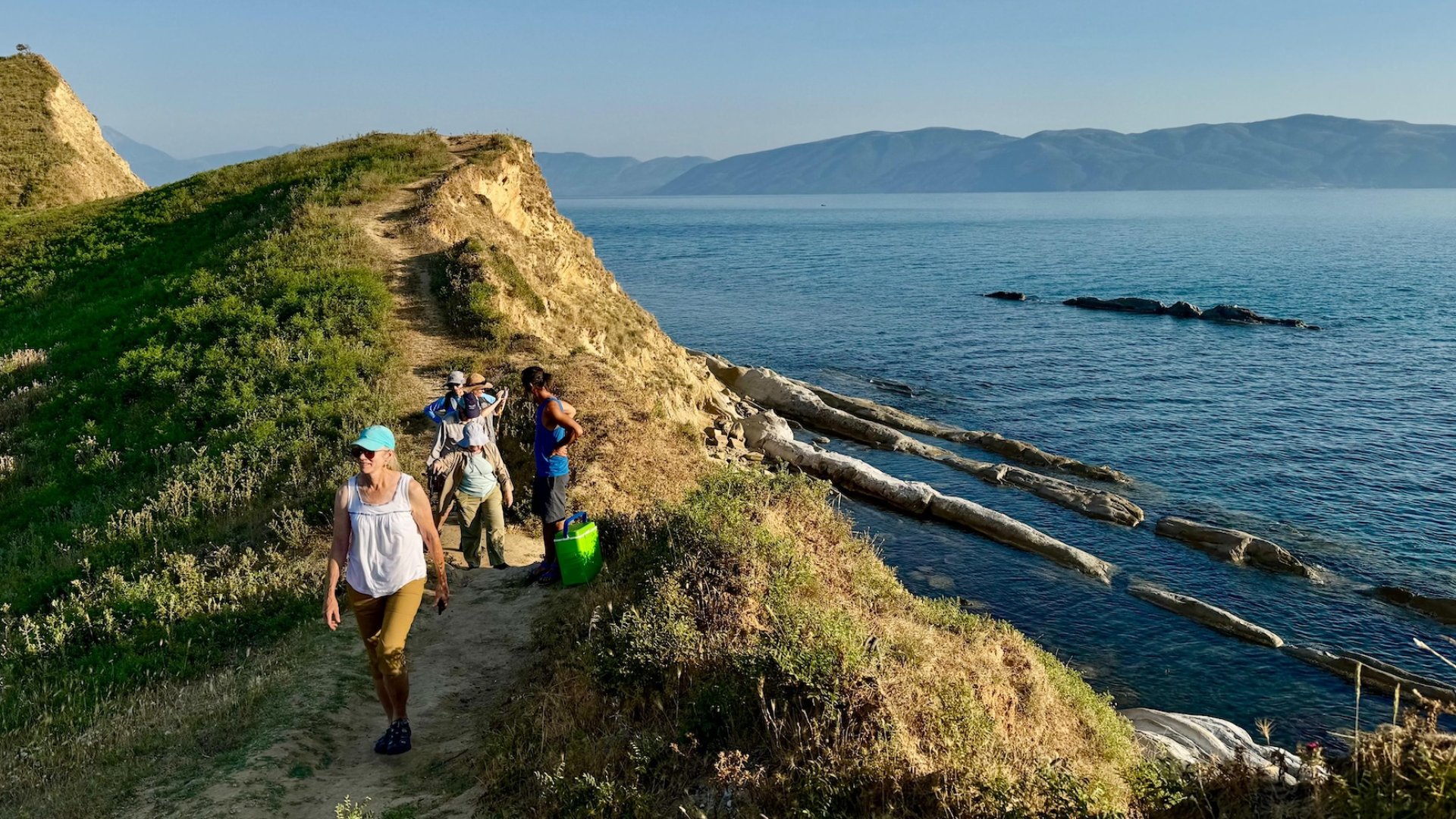 Group of hikers on a guided tour in Albania exploring the hillsides and coastline by hike.