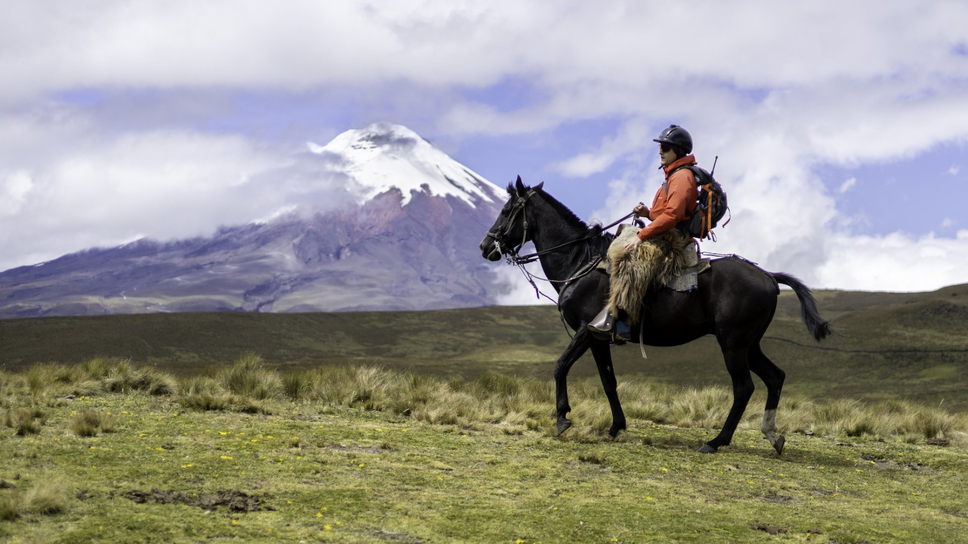 A person riding horseback through the Andes on a sunny day