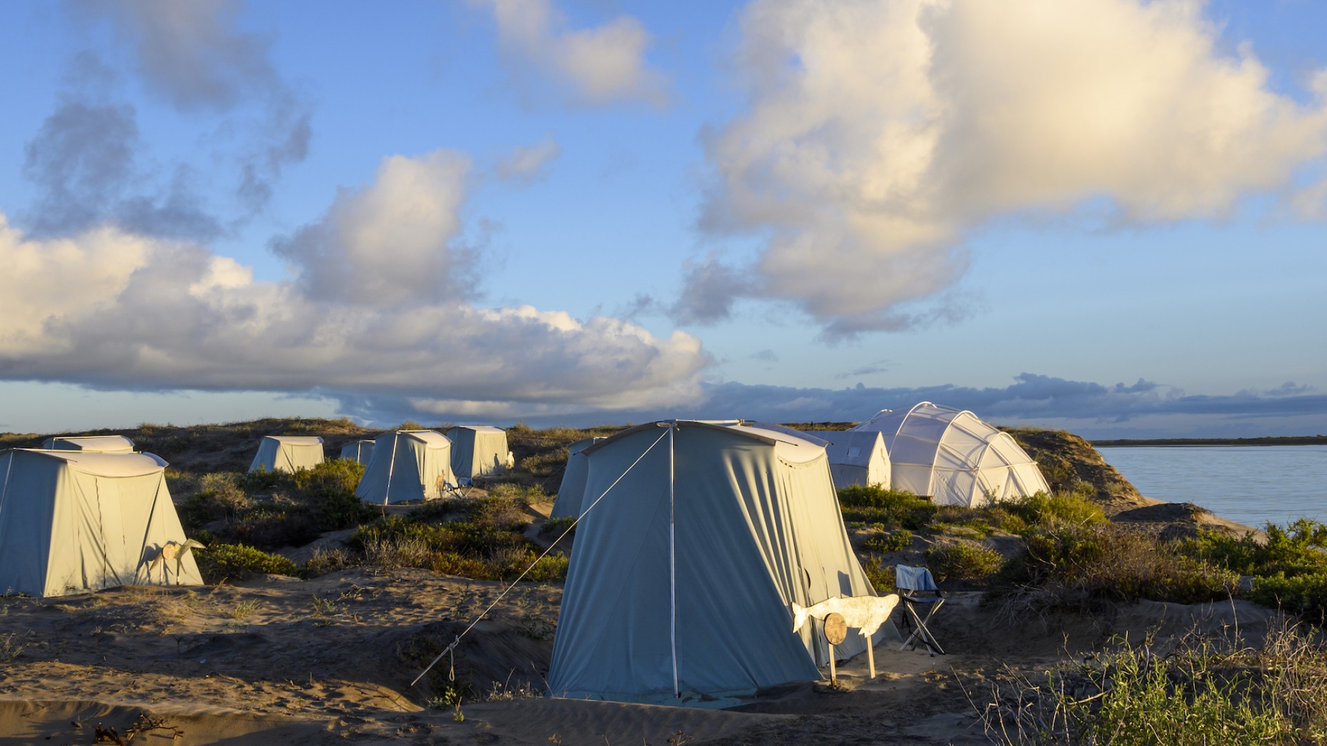 Canvas tents set up on the shoreline of the Pacific Ocean on a sunny day in Baja, Mexico
