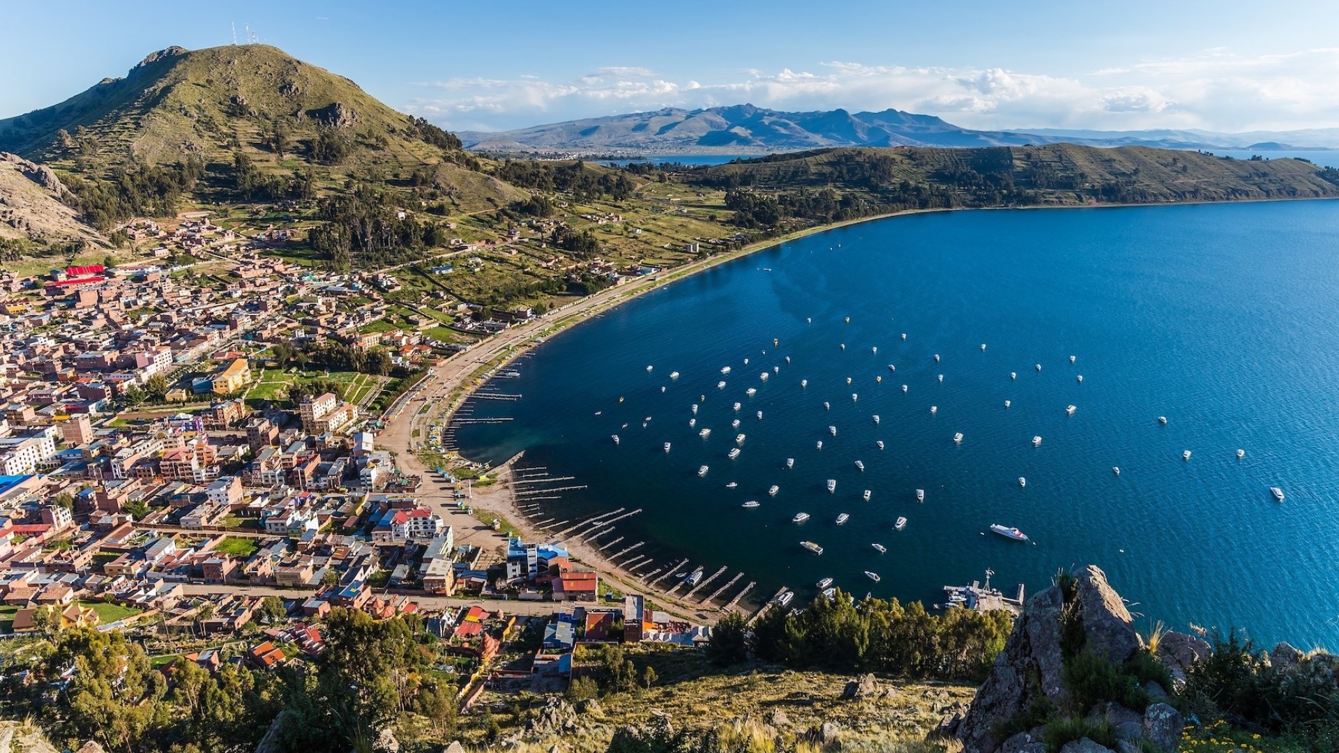 Aerial view of a city along Lake Titicaca in Peru