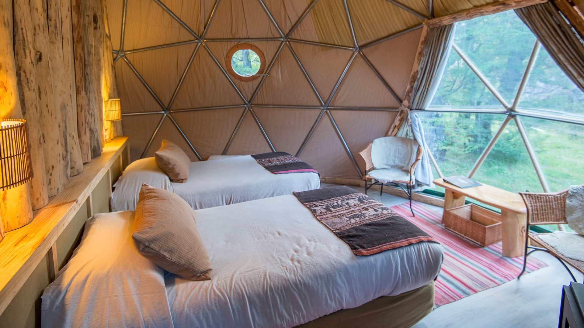Two queen room inside of a geodesic dome tent in Patagonia