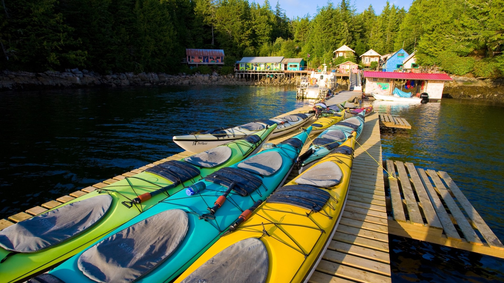 Numerous kayaks of all colors scattered across a dock at a private resort in God's Pocket Provincial Park