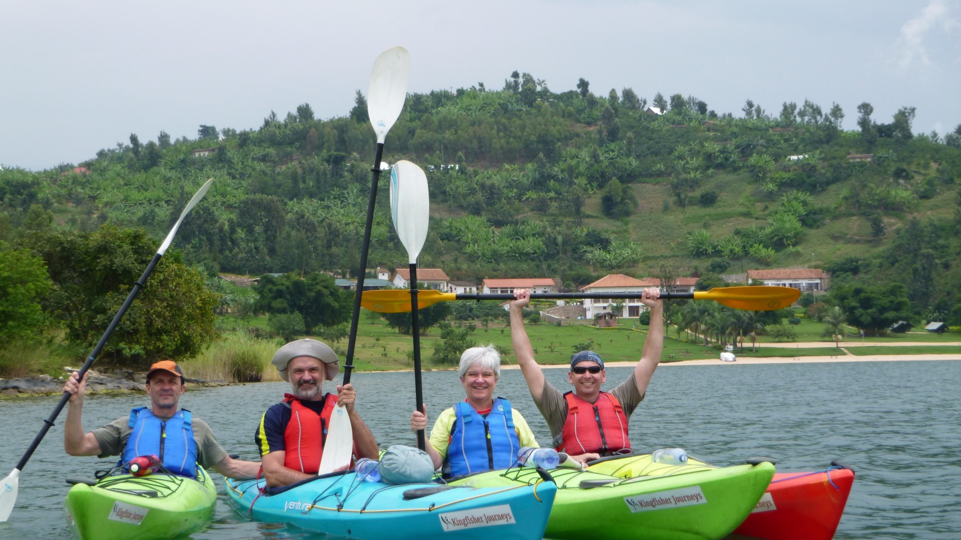 Happy kayakers on Lake Kivu in Rwanda