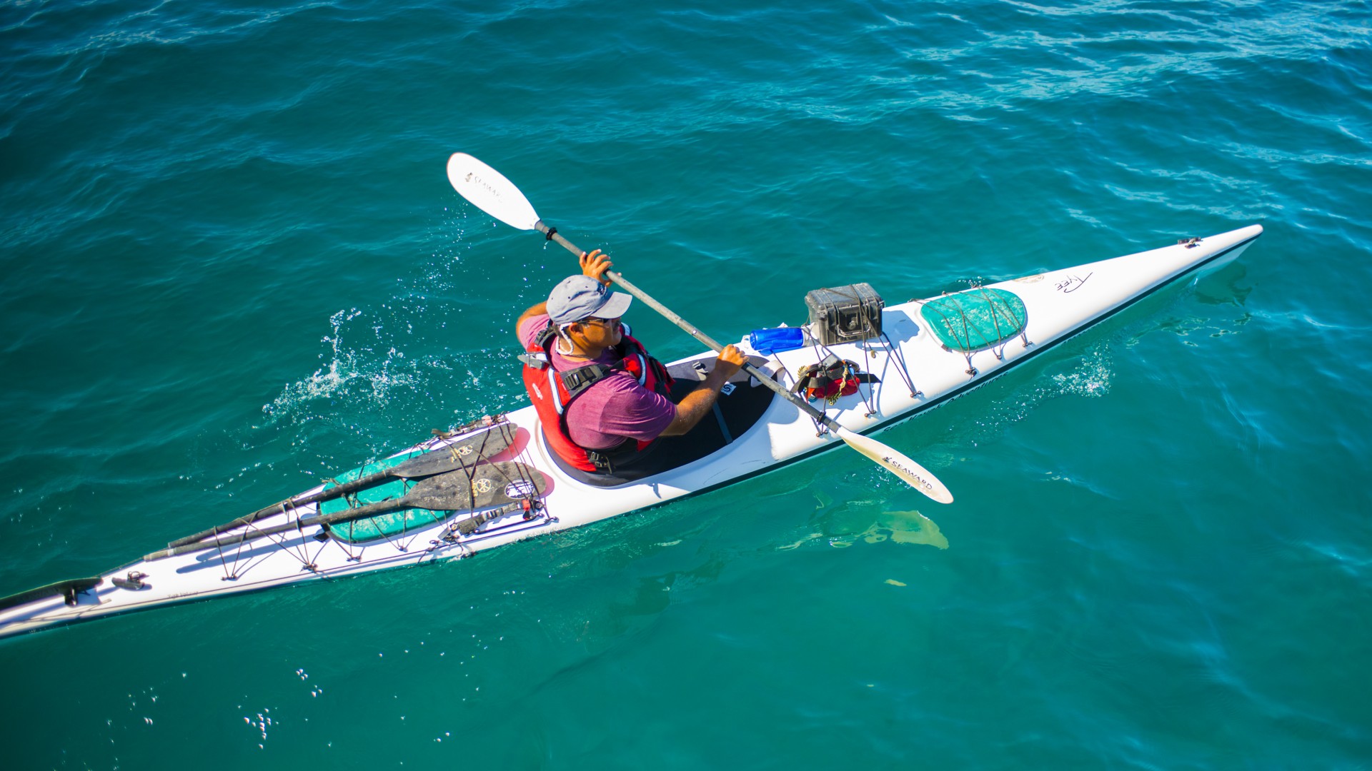 Birdseye view of a single kayaker paddling in Baja California Sur