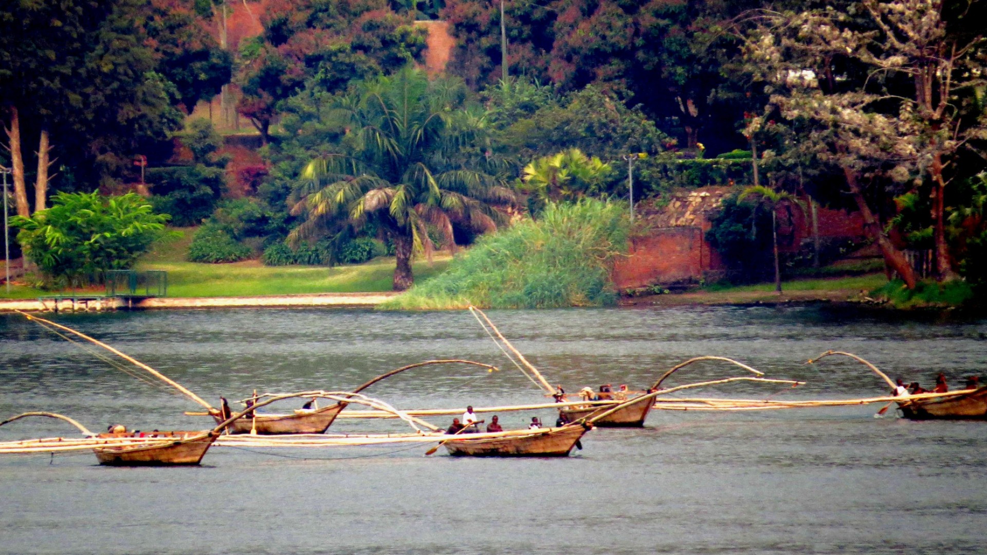 Traditional wooden boats with long poles on the bow and stern on lake Kivu in Rwanda