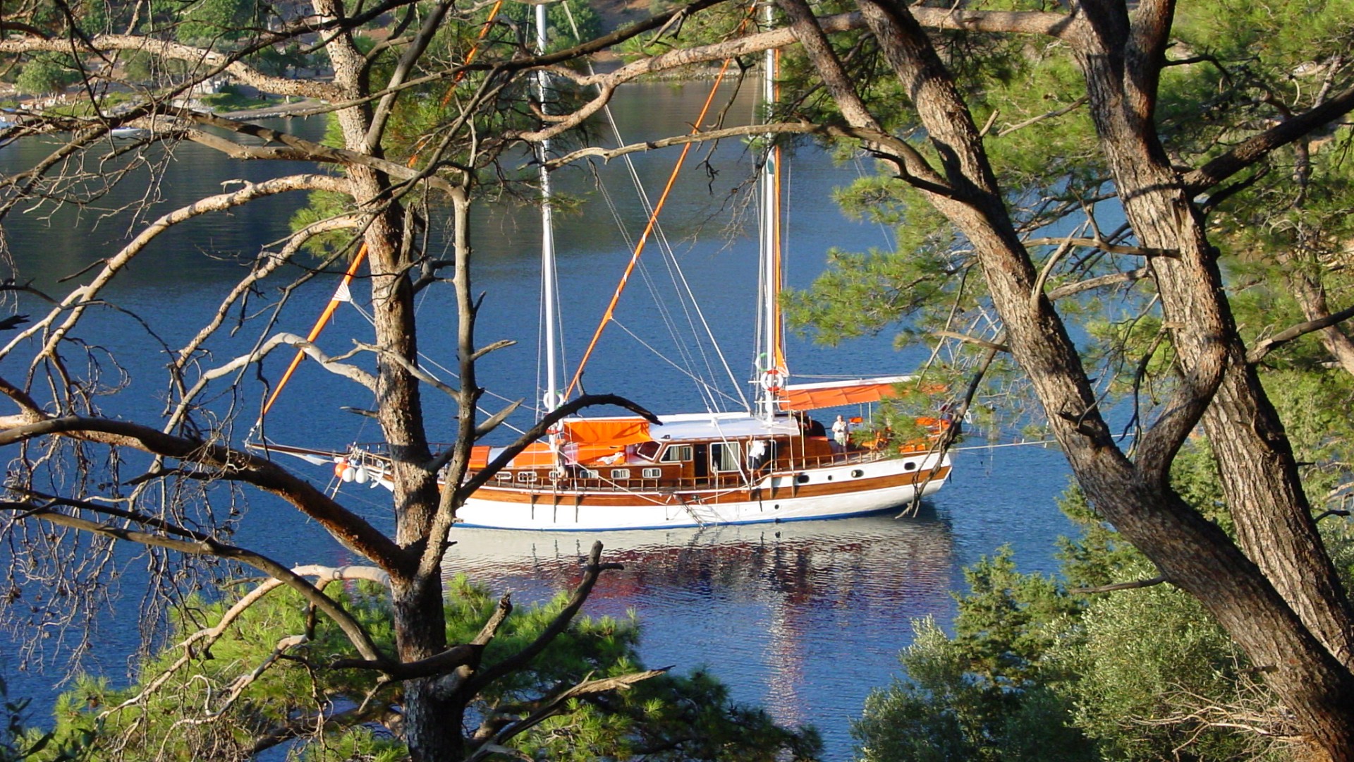 Sailboat seen through the trees along the Turkish coast