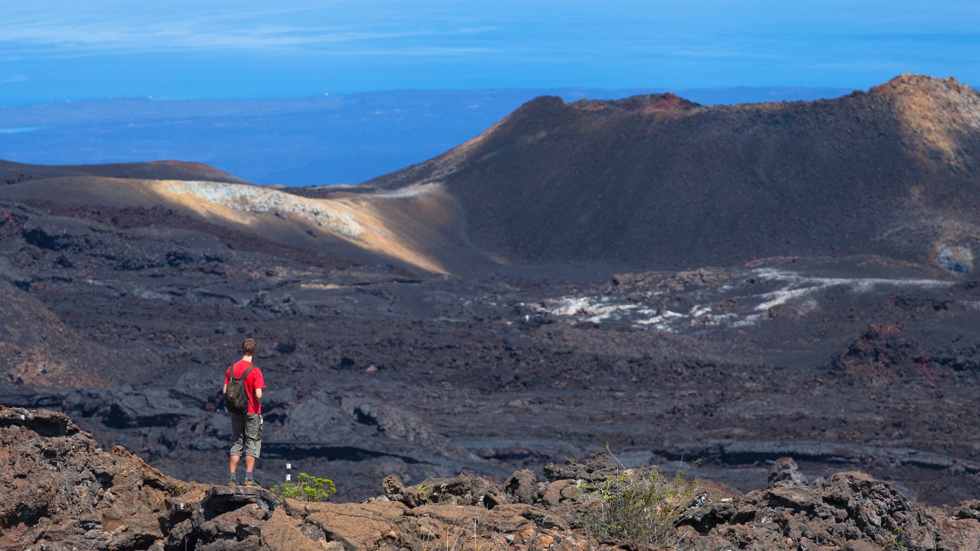 Person standing and observing the Sierra Negra Volcano in the Galapagos
