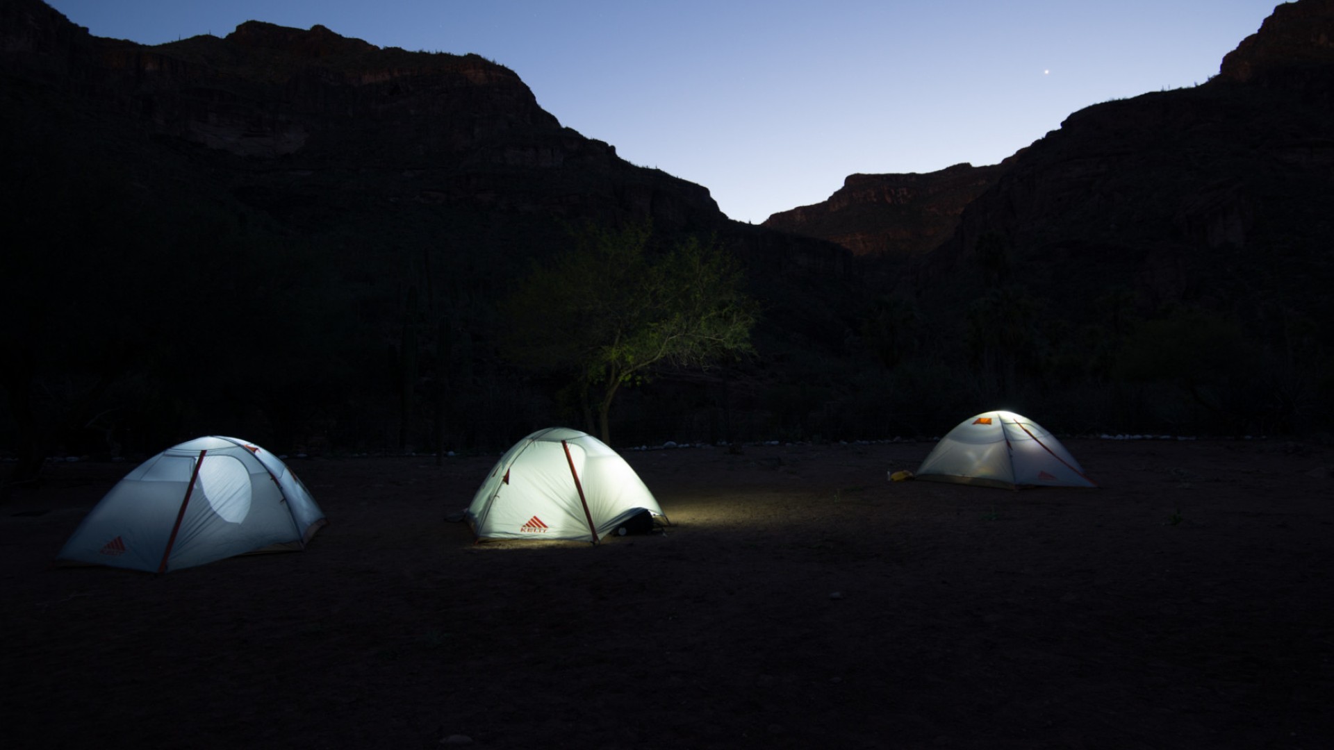 Night view of a campsite in Bajas interior desert mountains
