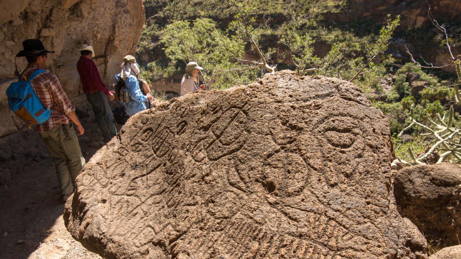 Picture of fossils and petroglyphs as tourists walk behind them