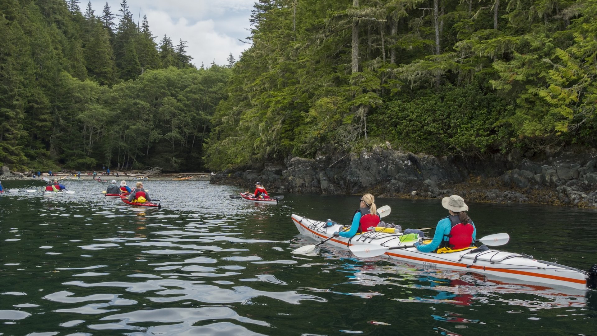 A group of sea kayakers paddling on remote waters in British Columbia.