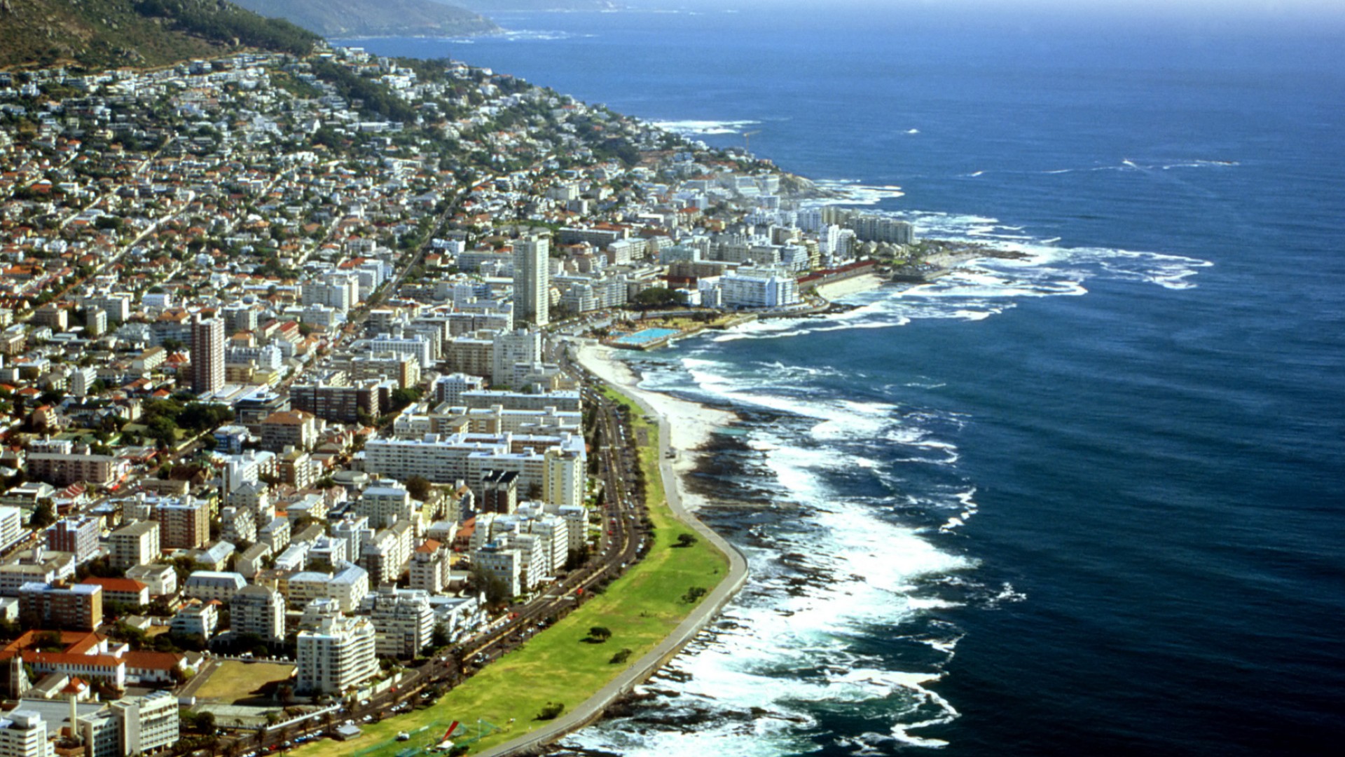 Birds eye view of cape town, South Africa with the coastline