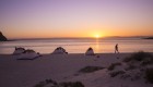 Island beach camping by kayak set up at sunset in Baja California Sur