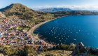 Aerial view of a city along Lake Titicaca in Peru