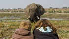 Two kids shoulder to shoulder on a safari jeep looking at an a large elephant straight on