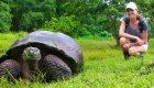 Woman squatting and smiling next to a Giant Galapagos land tortoise in the grass