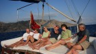 Guests enjoying a drink on the yacht deck at sunset in Turkey