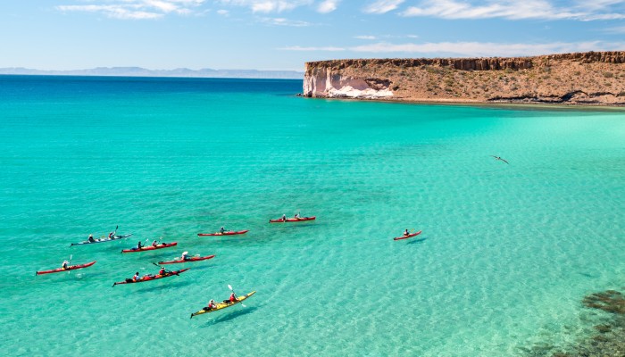 Group of kayakers paddling through crystal clear turquoise waters on the Sea of Cortez
